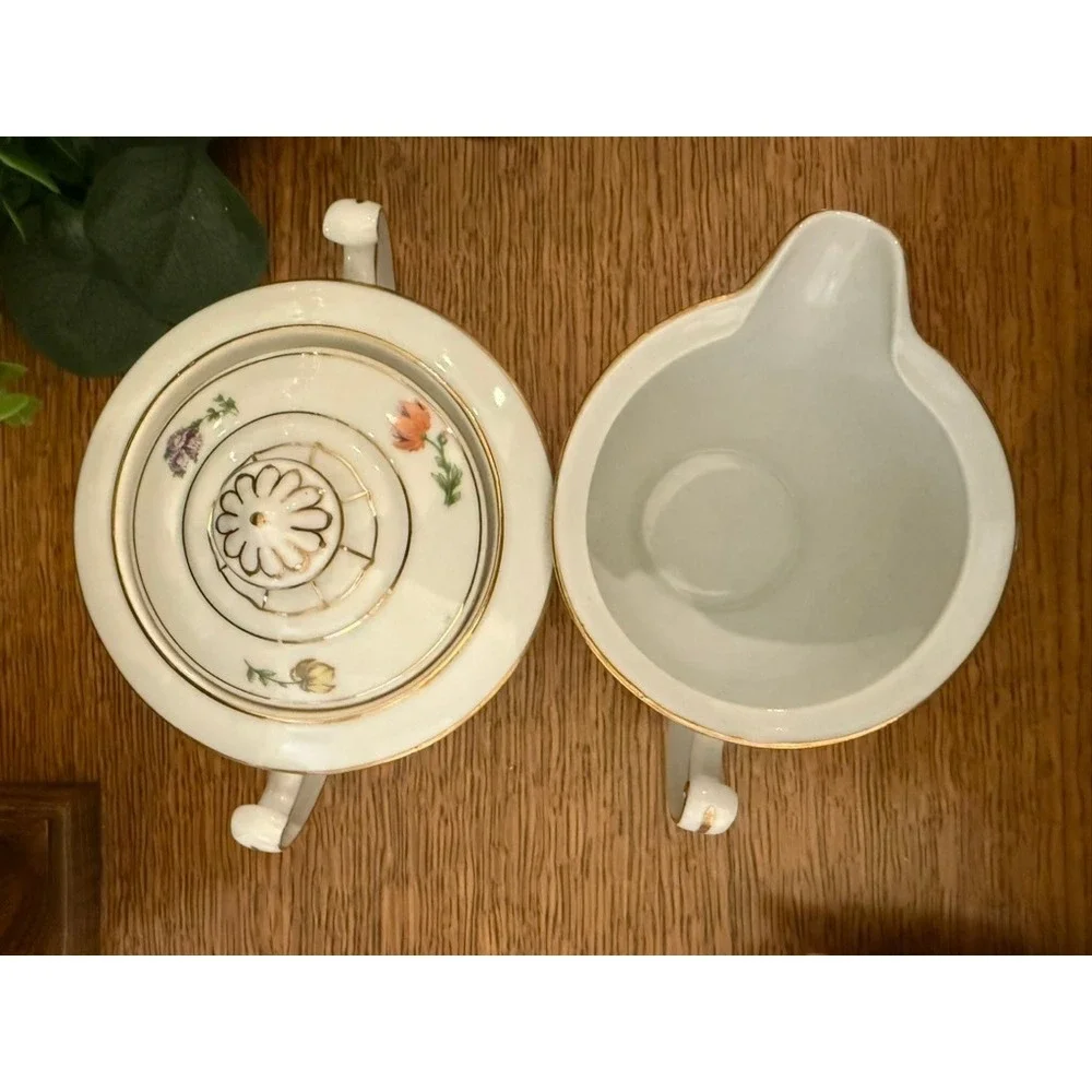 Pirkenhammer PIR4 Creamer Sugar Bowl Lid Floral Gold Czechoslovakia China